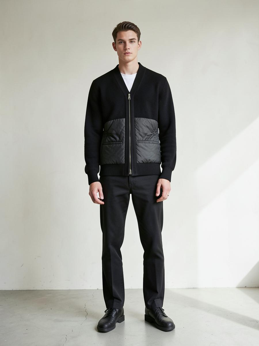 Moncler Stickad Cardigan Med Dunpanel på modell